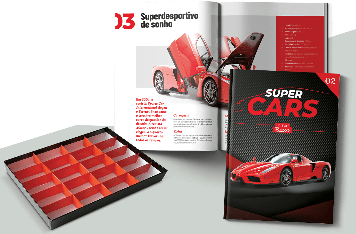 Fascículos com a historia, o legado e a tecnologia de cada carro. Caixa arquivadora de carros na entrega 3.